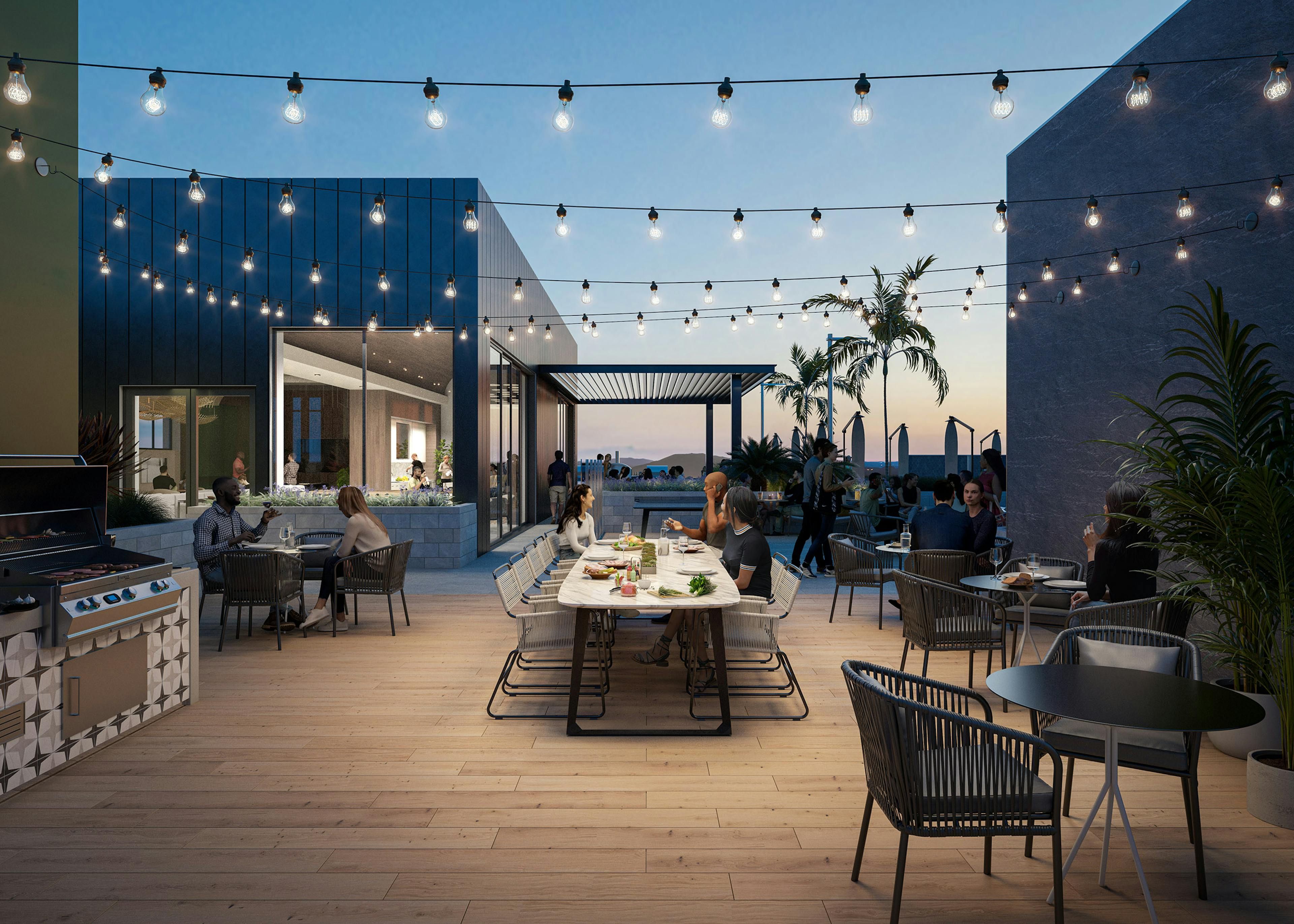 Rendering of rooftop grill area at AMLI Aero with groups of people sitting around tables eating and overlooking scenic views