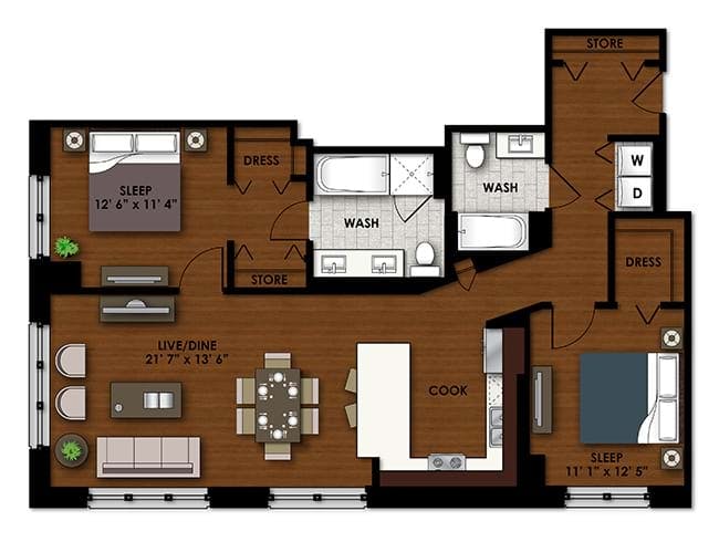 P-C650 floor plan, 2 Bedroom, 2 Bathroom, Penthouse at AMLI River North apartments