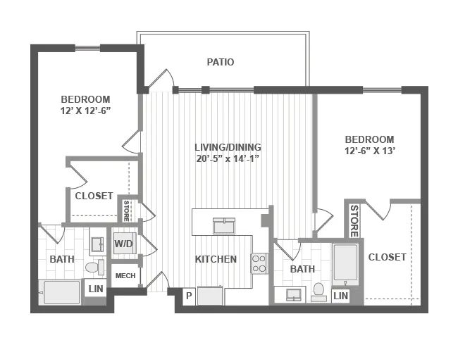 C6b floor plan, 2 Bedroom, 2 Bathroom at AMLI Park Broadway apartments