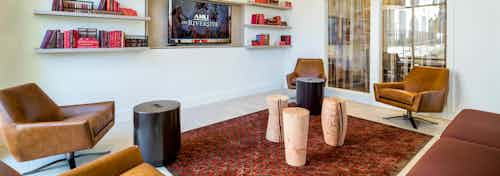 AMLI on Riverside resident lounge with brown leather chairs and a red rug with TV on the wall with a shelf on each side of it
