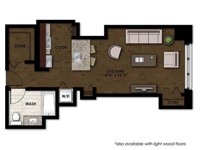 E120 floor plan, Studio, 1 Bathroom at AMLI River North apartments
