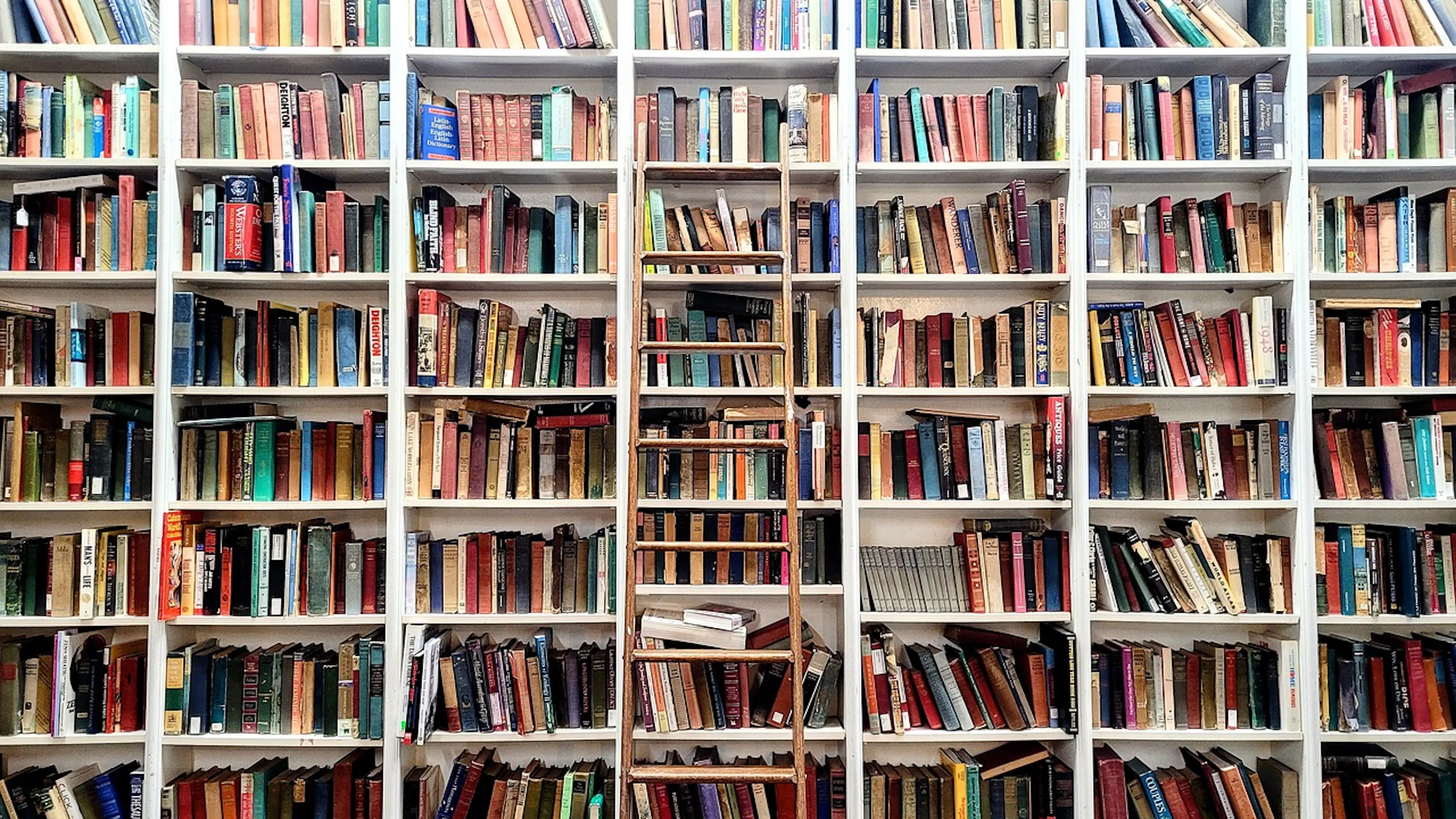 shelves of multi color books with wooden ladder in the center