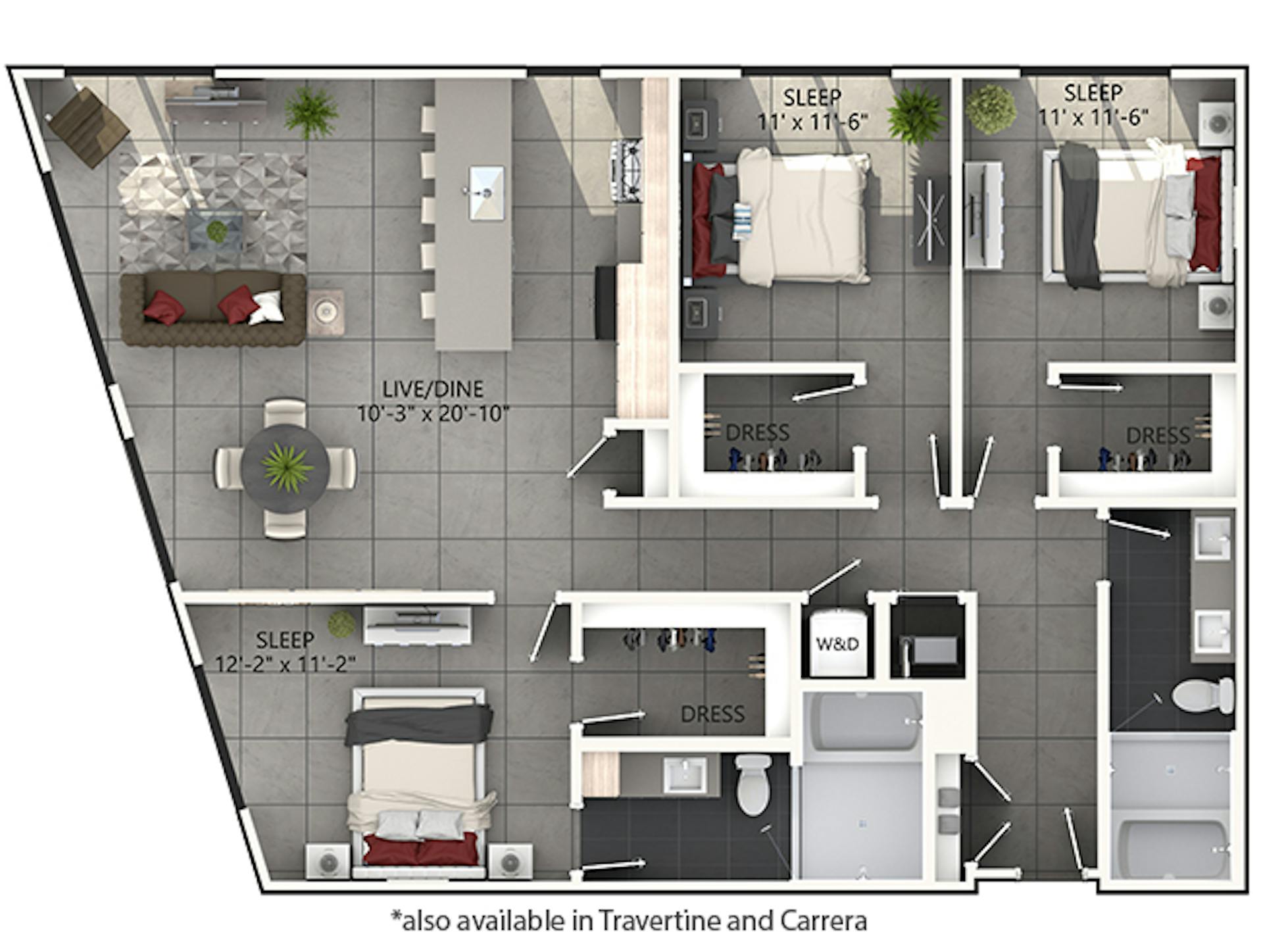 D6 floor plan, 3 Bedroom, 2 Bathroom at AMLI Midtown Miami apartments