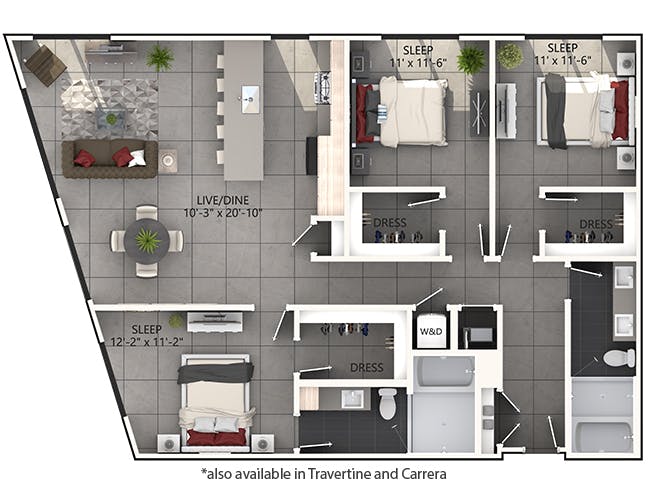 D6 floor plan, 3 Bedroom, 2 Bathroom at AMLI Midtown Miami apartments