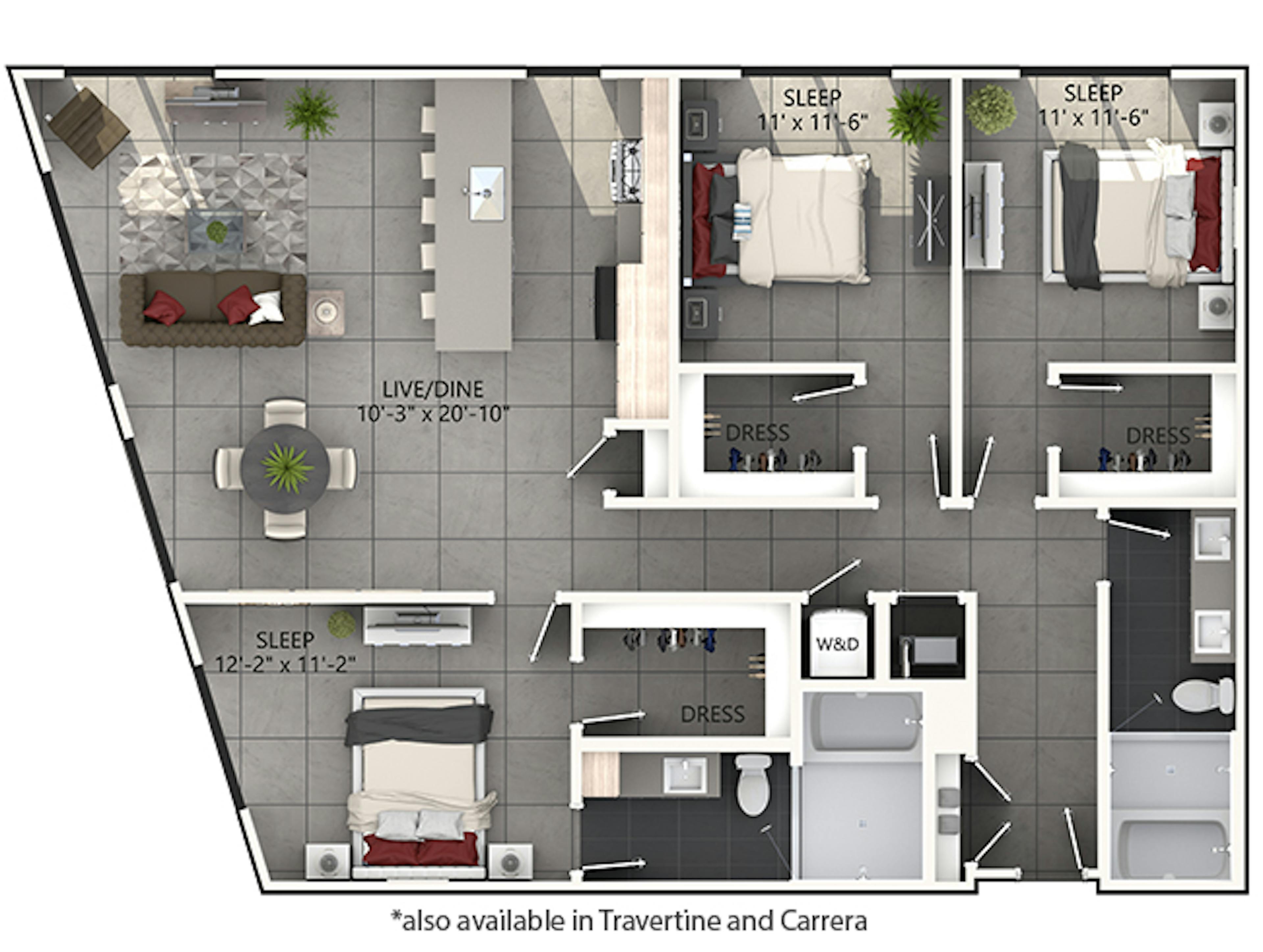 D6 floor plan, 3 Bedroom, 2 Bathroom at AMLI Midtown Miami apartments