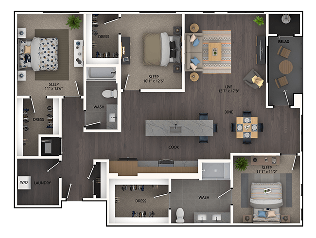 D6 floor plan, 3 Bedroom, 2 Bathroom at AMLI Broadway Park apartments