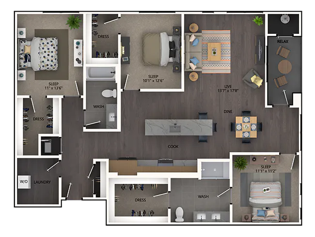 AMLI Broadway Park D6 three-bedroom floor plan - Denver, CO