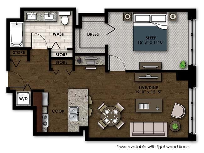 A420 floor plan, 1 Bedroom, 1 Bathroom at AMLI River North apartments