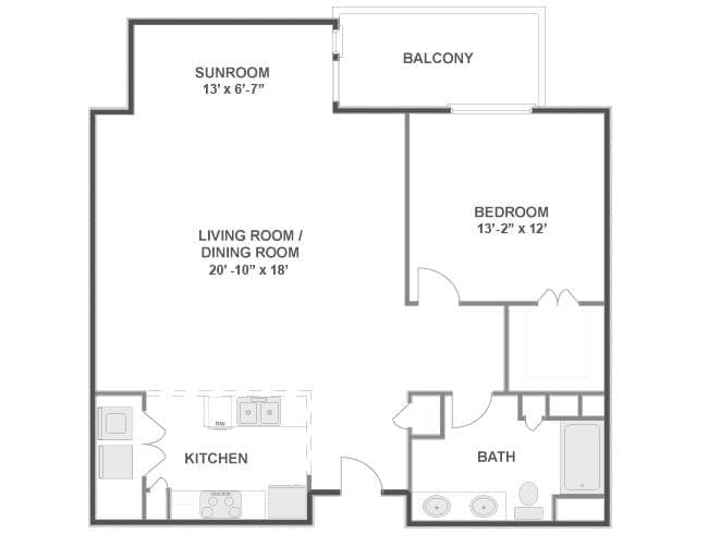 Red River floor plan, 1 Bedroom, 1 Bathroom at AMLI Downtown apartments
