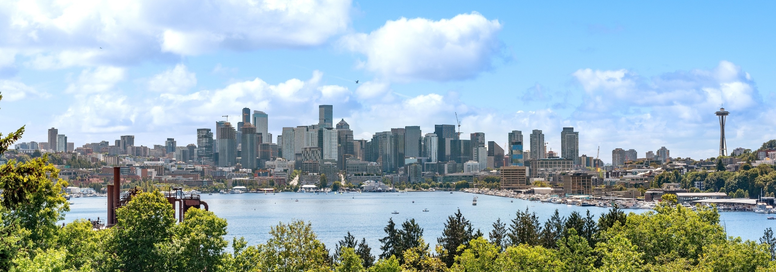 Exterior view from AMLI Wallingford with view of building rooftops and green trees and Lake union and the Seattle skyline