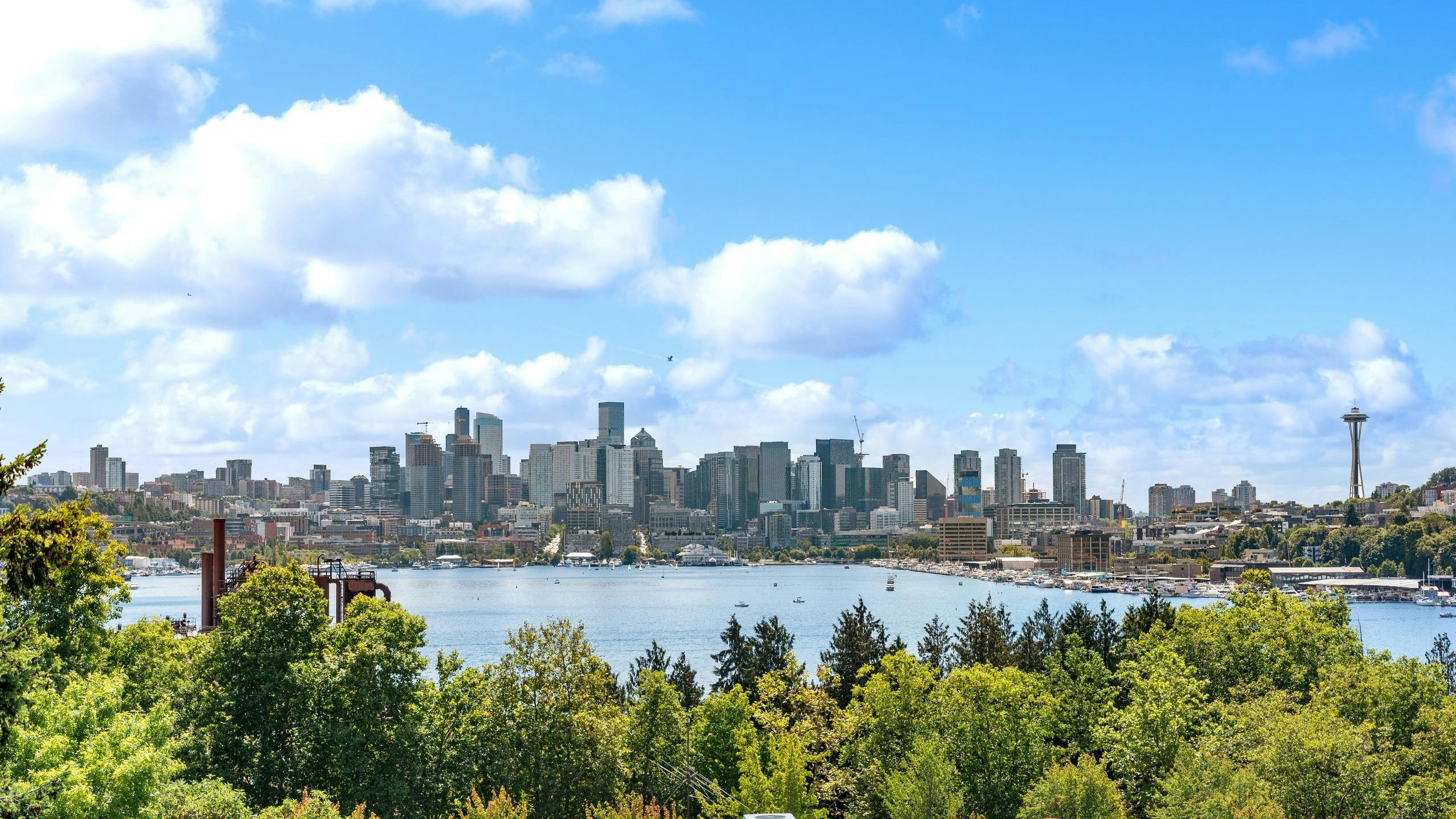 Exterior view from AMLI Wallingford with view of building rooftops and green trees and Lake union and the Seattle skyline