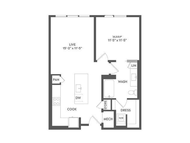 A3b floor plan, 1 Bedroom, 1 Bathroom at AMLI Art District apartments