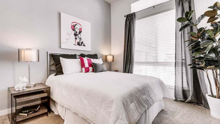 Interior view of a bedroom at AMLI Cherry Creek apartments with white linen and walls with lamps and a plant and window view
