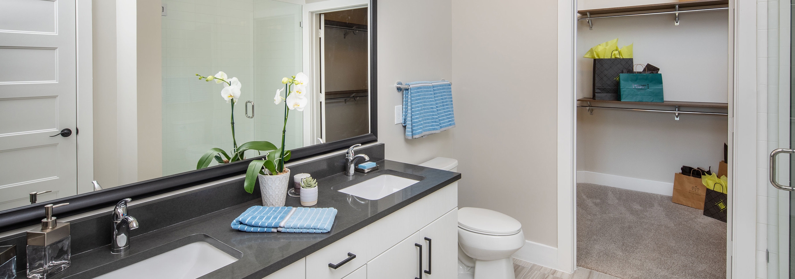 Double vanity bathroom at AMLI Decatur with dark countertops and white cabinets with a peak inside connecting walk in closet