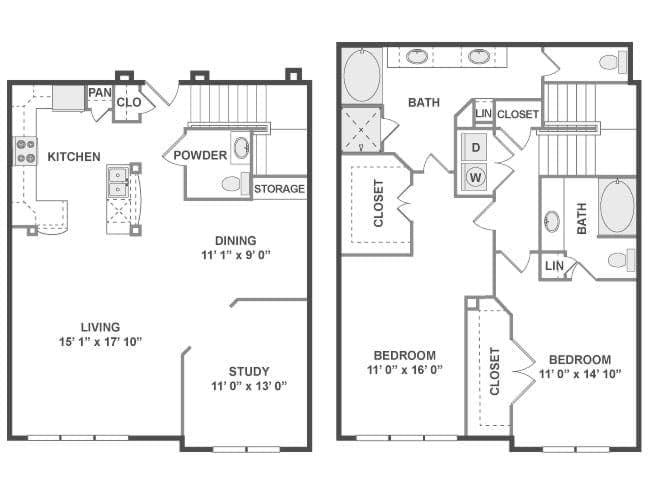 C11T floor plan, 2 Bedroom, 2.5 Bathroom, Townhome at AMLI Eastside apartments