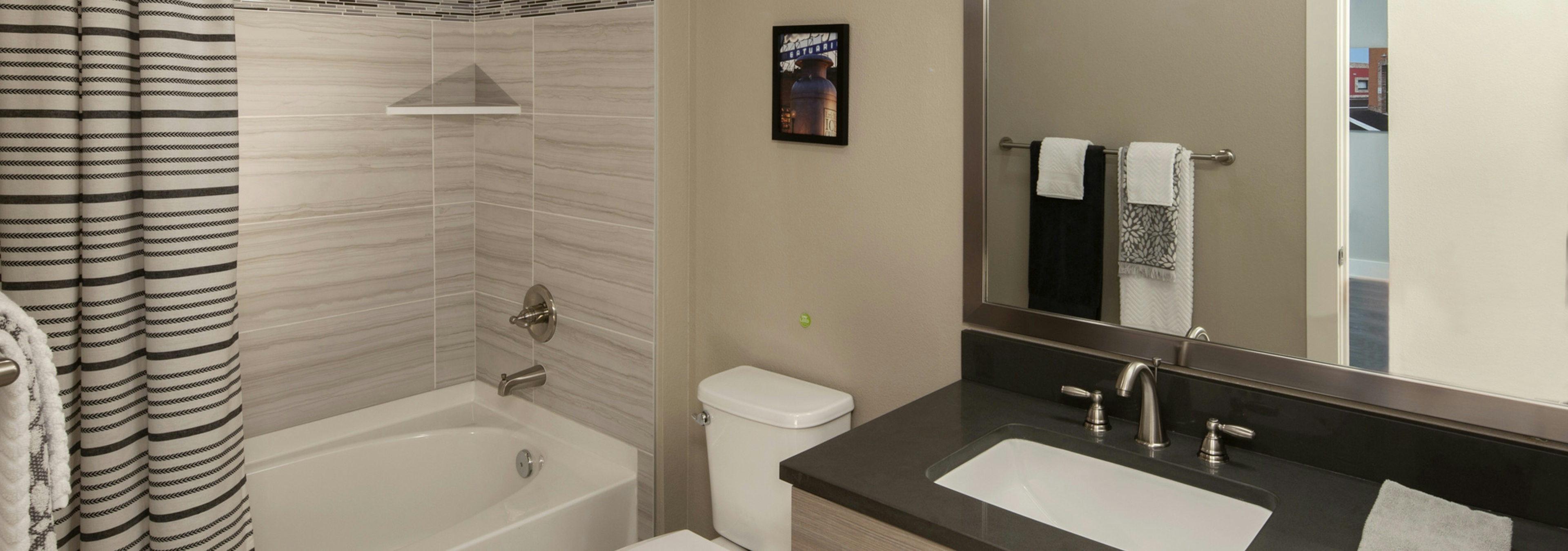 Interior view of AMLI Riverfront Green apartment bathroom and steel fixtures and large mirror as well as stylish artwork