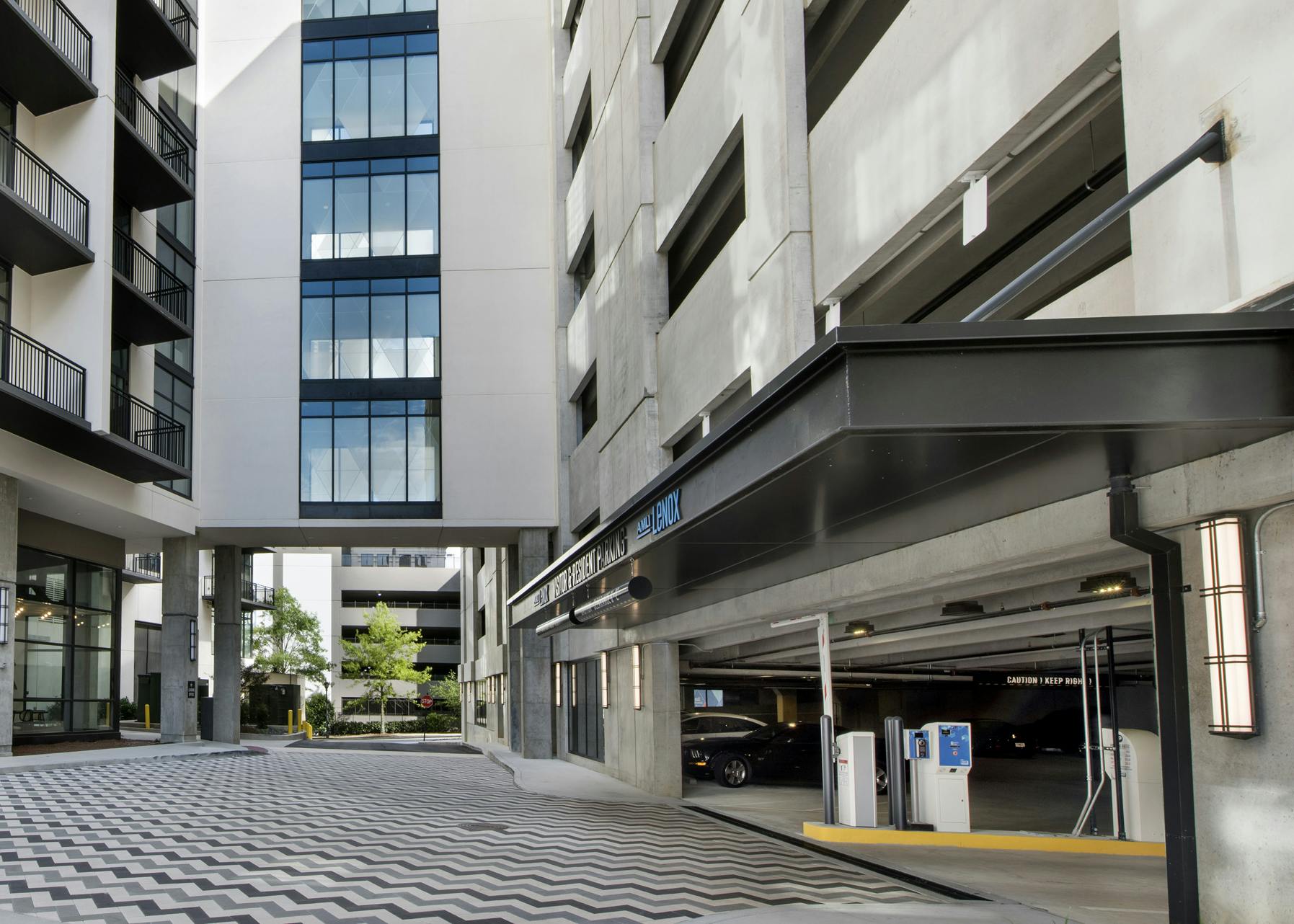 Exterior view of AMLI Lenox parking garage with bridge connecting the parking facility with the apartment building