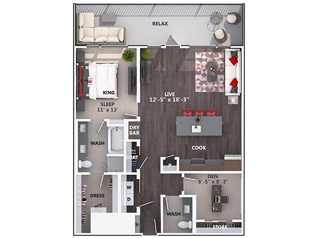 B5 floor plan, 2 Bedroom, 1 Bathroom at AMLI Riverfront Green apartments