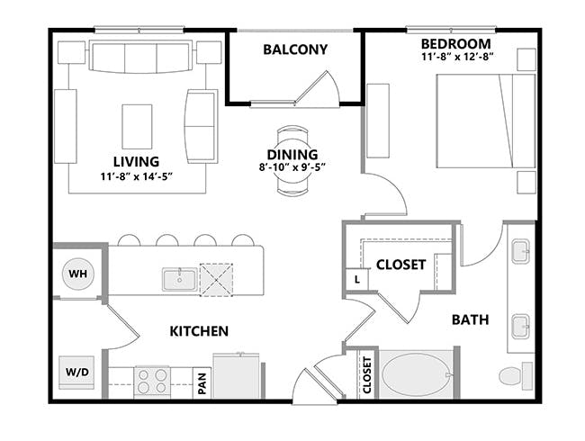 A4a floor plan, 1 Bedroom, 1 Bathroom at AMLI Addison apartments
