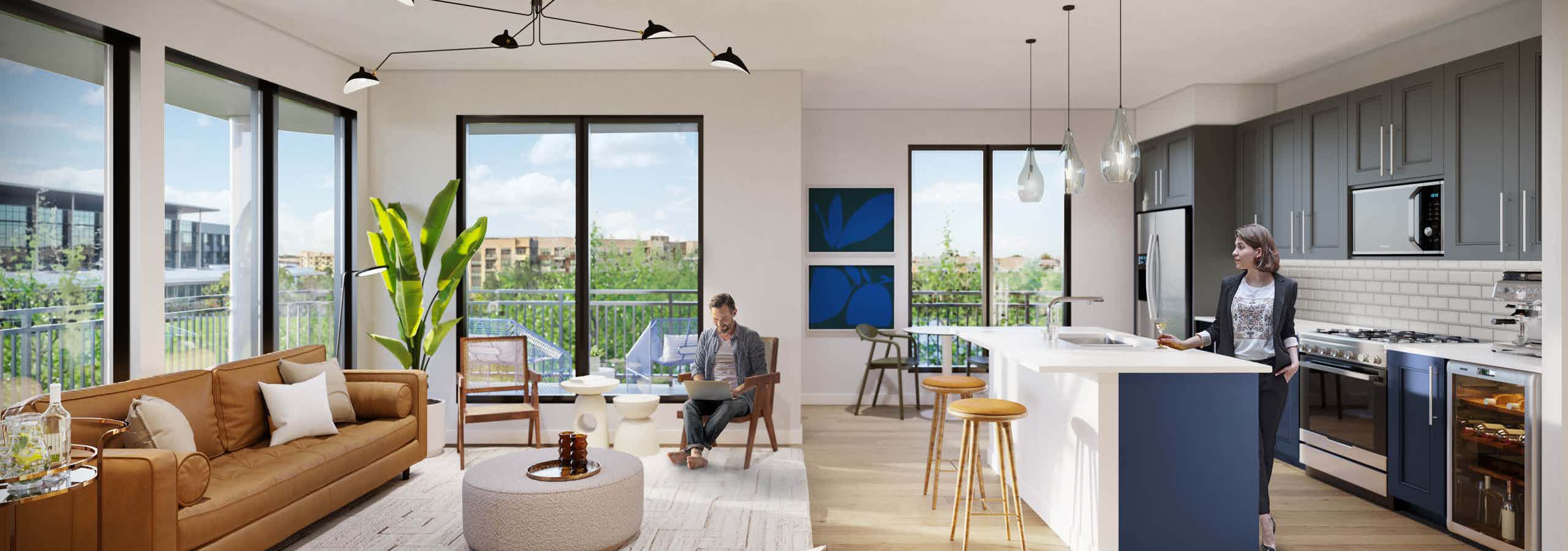 Rendering of living area & island kitchen with quartz countertops & stone backsplashes