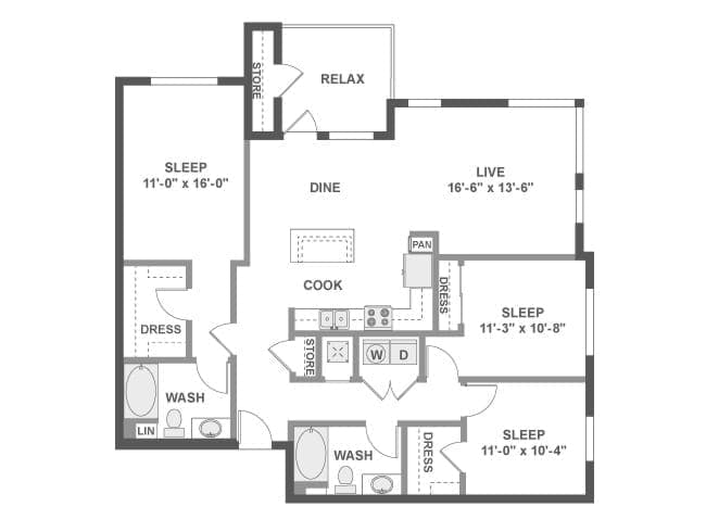 D5a floor plan, 3 Bedroom, 2 Bathroom at AMLI Uptown Orange apartments