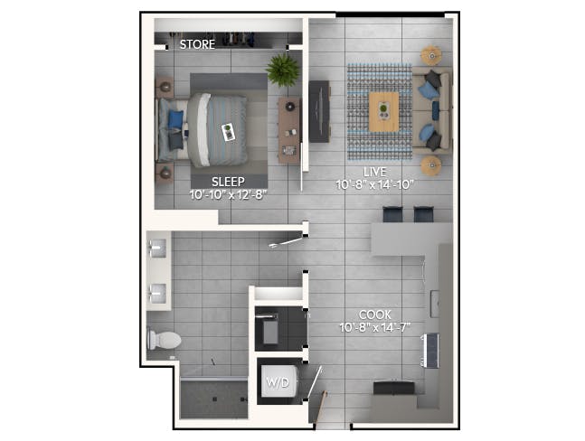 A3 floor plan, 1 Bedroom, 1 Bathroom at AMLI Wynwood apartments