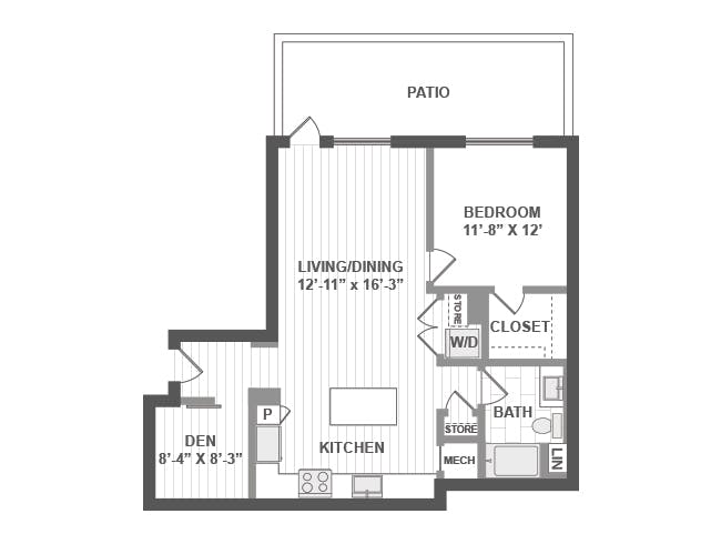 A5D floor plan, 1 Bedroom, 1 Bathroom, Den/Office at AMLI Park Broadway apartments