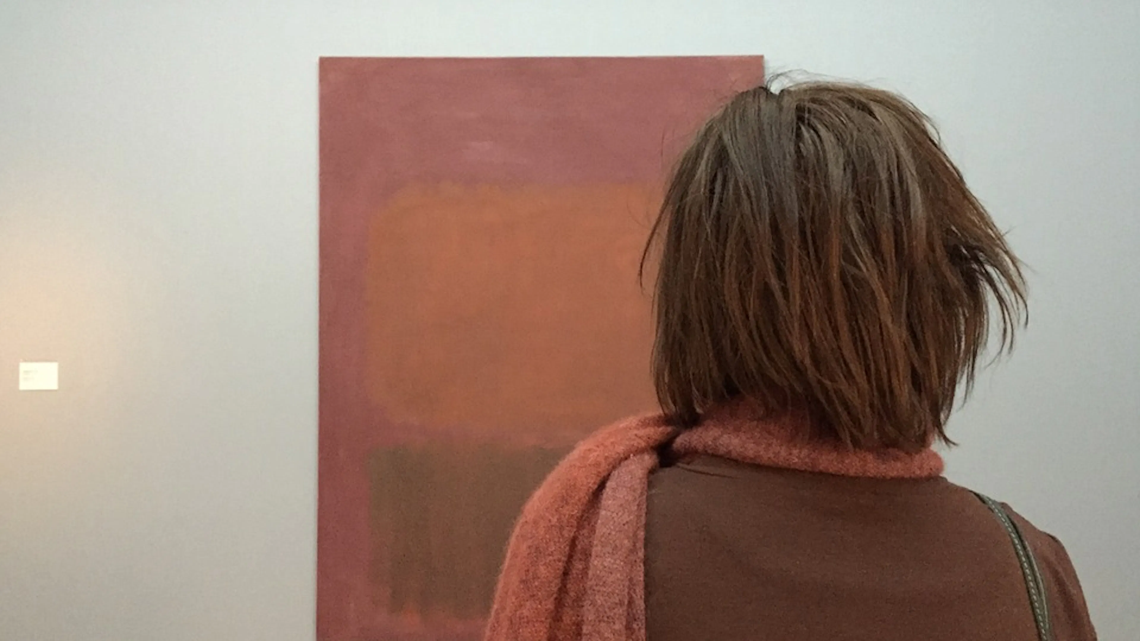 A lady seen from behind looking at a a rectangular piece of rust colored art