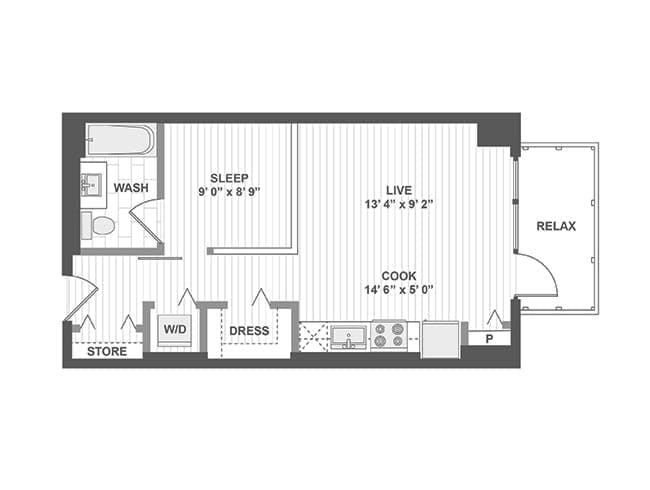 E100 floor plan, Studio, 1 Bathroom at AMLI Lofts apartments