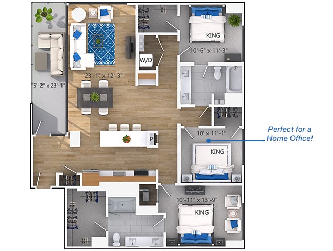 D6 floor plan, 3 Bedroom, 2 Bathroom, Tower at AMLI Lenox apartments