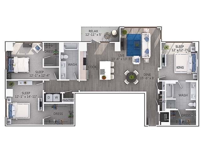 D8 floor plan, 3 Bedroom, 2 Bathroom at AMLI 3464 apartments