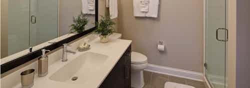 AMLI Deerfield apartment community bathroom with a single vanity and ample counterspace and stand up shower with glass door