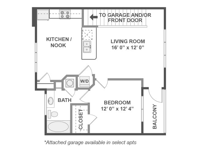 A4 floor plan, 1 Bedroom, 1 Bathroom, Select Apts w/ Garage at AMLI at Escena apartments
