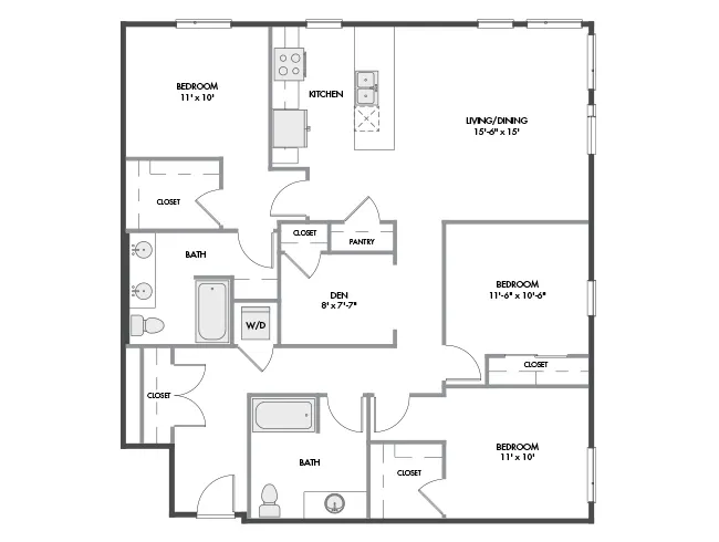 D6D floor plan, 3 Bedroom, 2 Bathroom, Den/Office at AMLI Spring District apartments