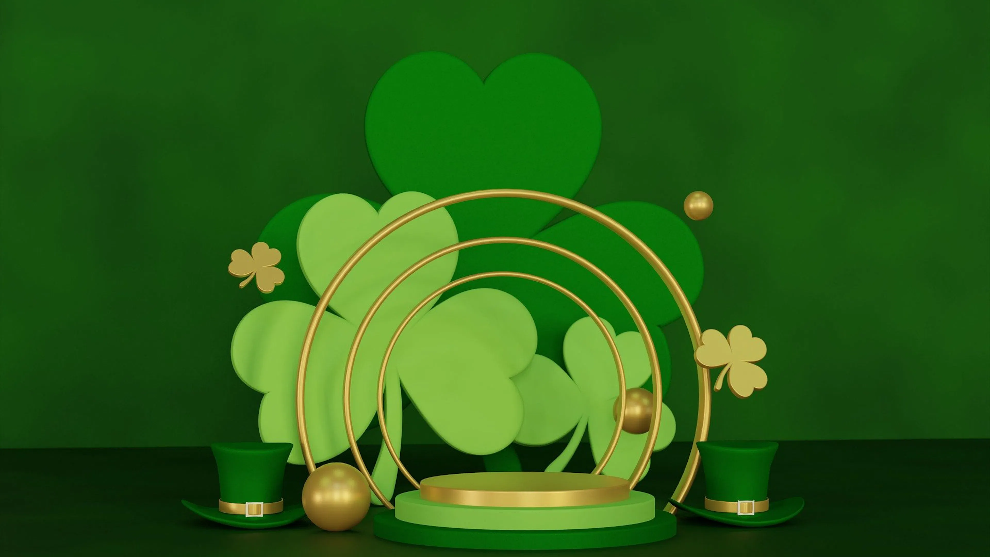 Three cartoon shamrocks on display behind a delicate golden arch and two small green hats 