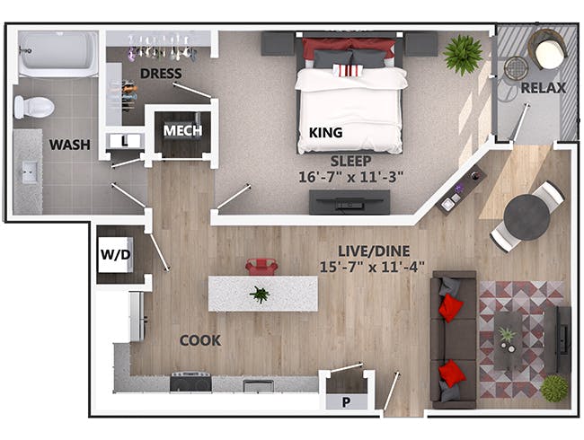 A3d floor plan, 1 Bedroom, 1 Bathroom at AMLI Riverfront Green apartments