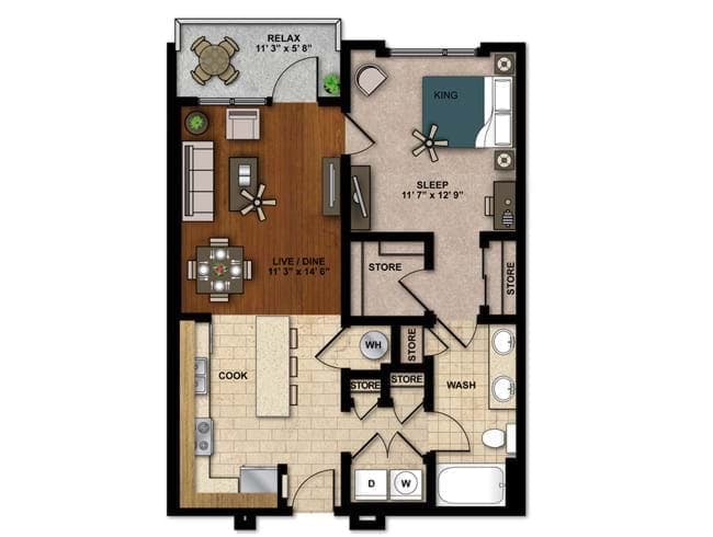 Tempo floor plan, 1 Bedroom, 1 Bathroom at AMLI Ponce Park apartments