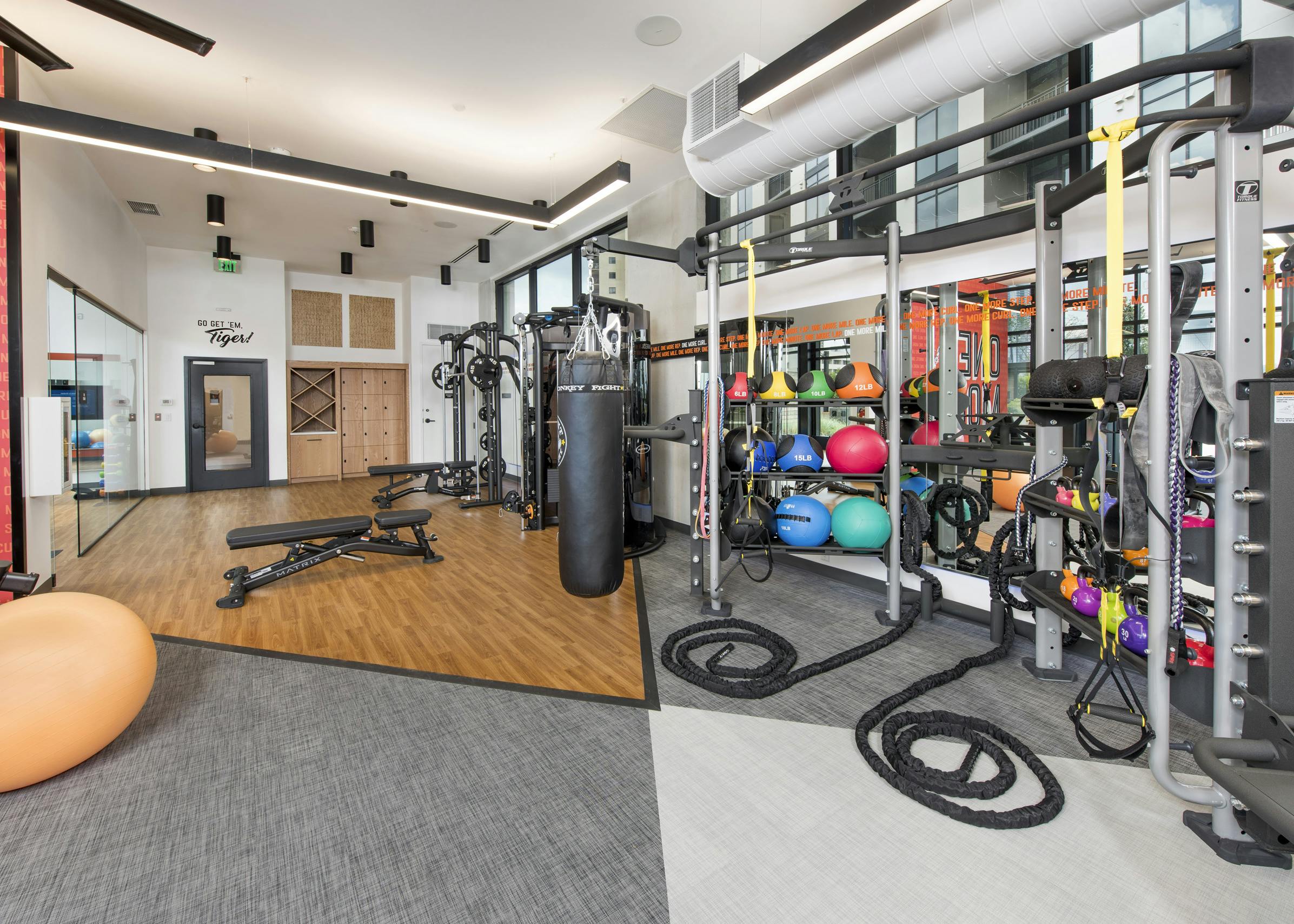Close up view of equipment at AMLI Lenox fitness center with multiple exercise machines and brightly colored balls