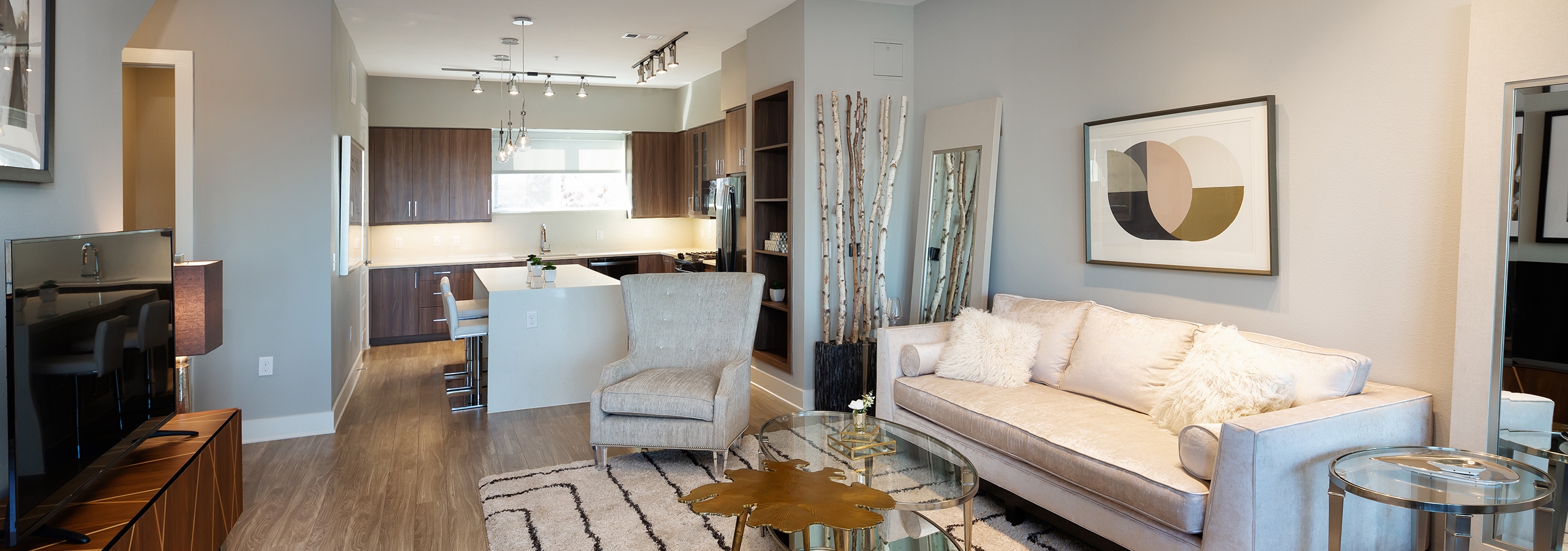 Interior view of AMLI South Shore living room with light hardwood and grey walls with a white sofa and tan decor accents