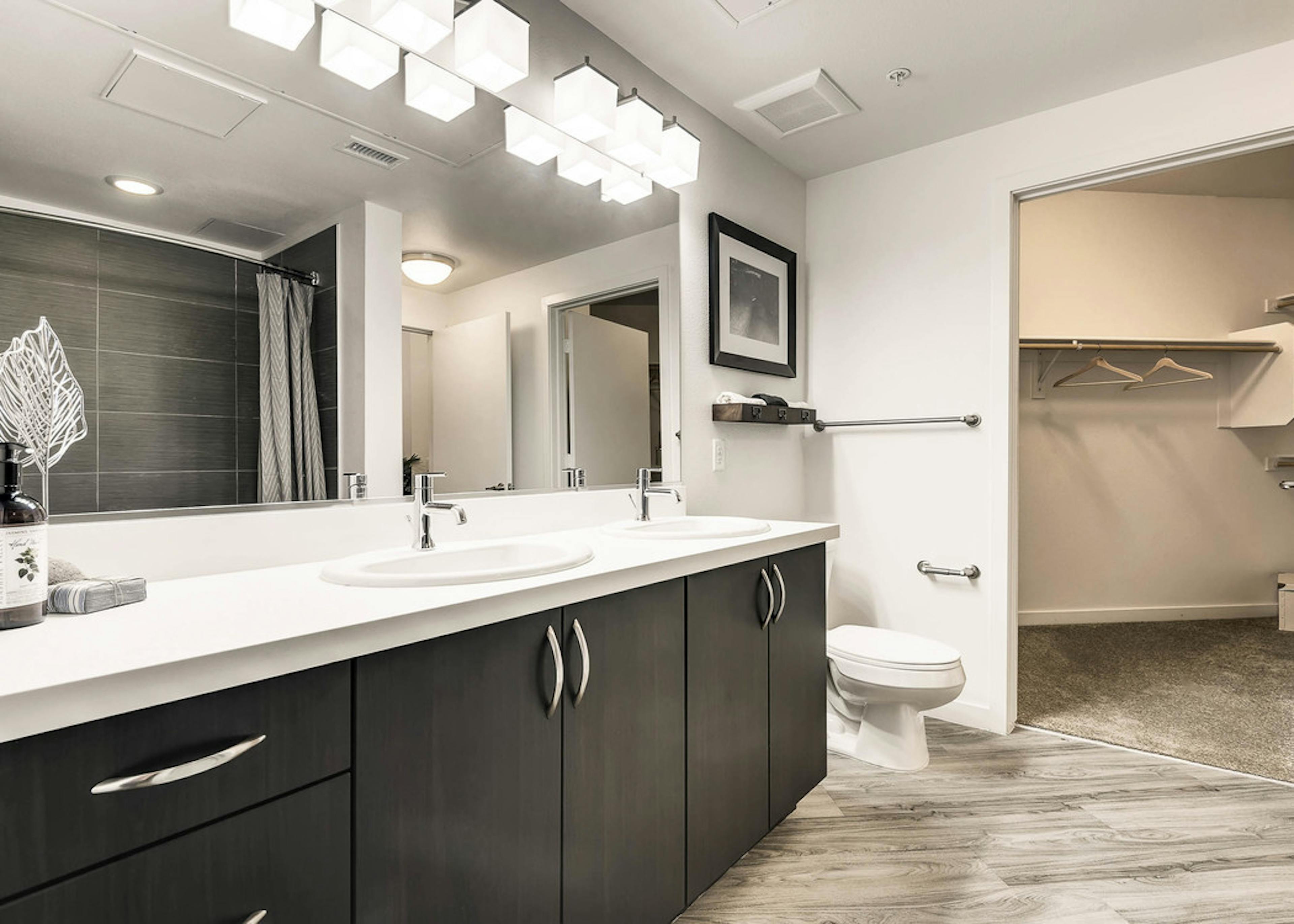 A bathroom at AMLI Cherry Creek apartments with a white counter top and stainless steel fixtures and a mirror and closet view