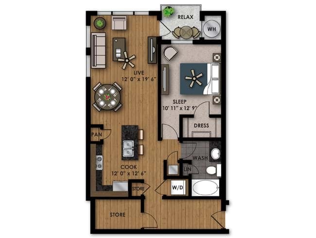 A355 floor plan, 1 Bedroom, 1 Bathroom at AMLI Riverfront Park apartments