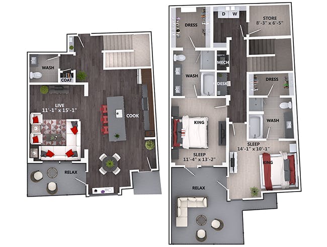 C10T floor plan, 2 Bedroom, 2 Bathroom, Townhome at AMLI Riverfront Green apartments