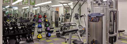 Fitness center at AMLI Evanston with exercise machines and weights stacked along the wall in front of a large mirror