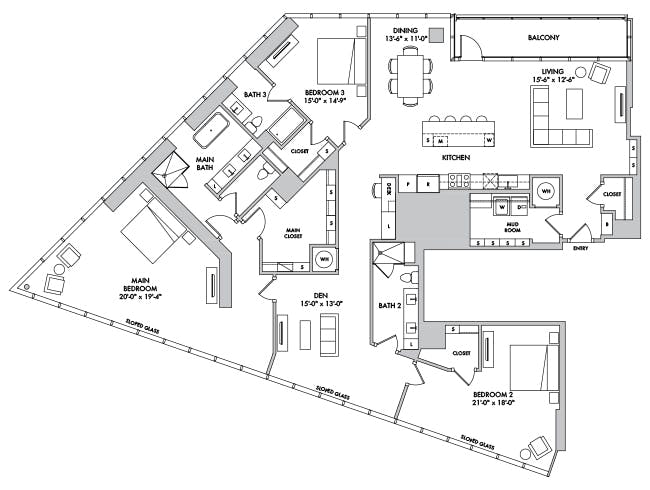 P4401 floor plan, 3 Bedroom, 3 Bathroom, Penthouse, Den/Office at AMLI Fountain Place apartments