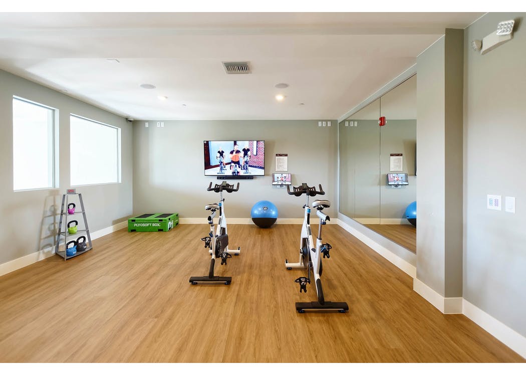 Spin studio at AMLI Dry Creek apartments with two stationary bicycles and a television as well as medicine balls and mirror