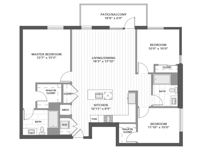D5 floor plan, 3 Bedroom, 2 Bathroom at AMLI Old Pasadena apartments