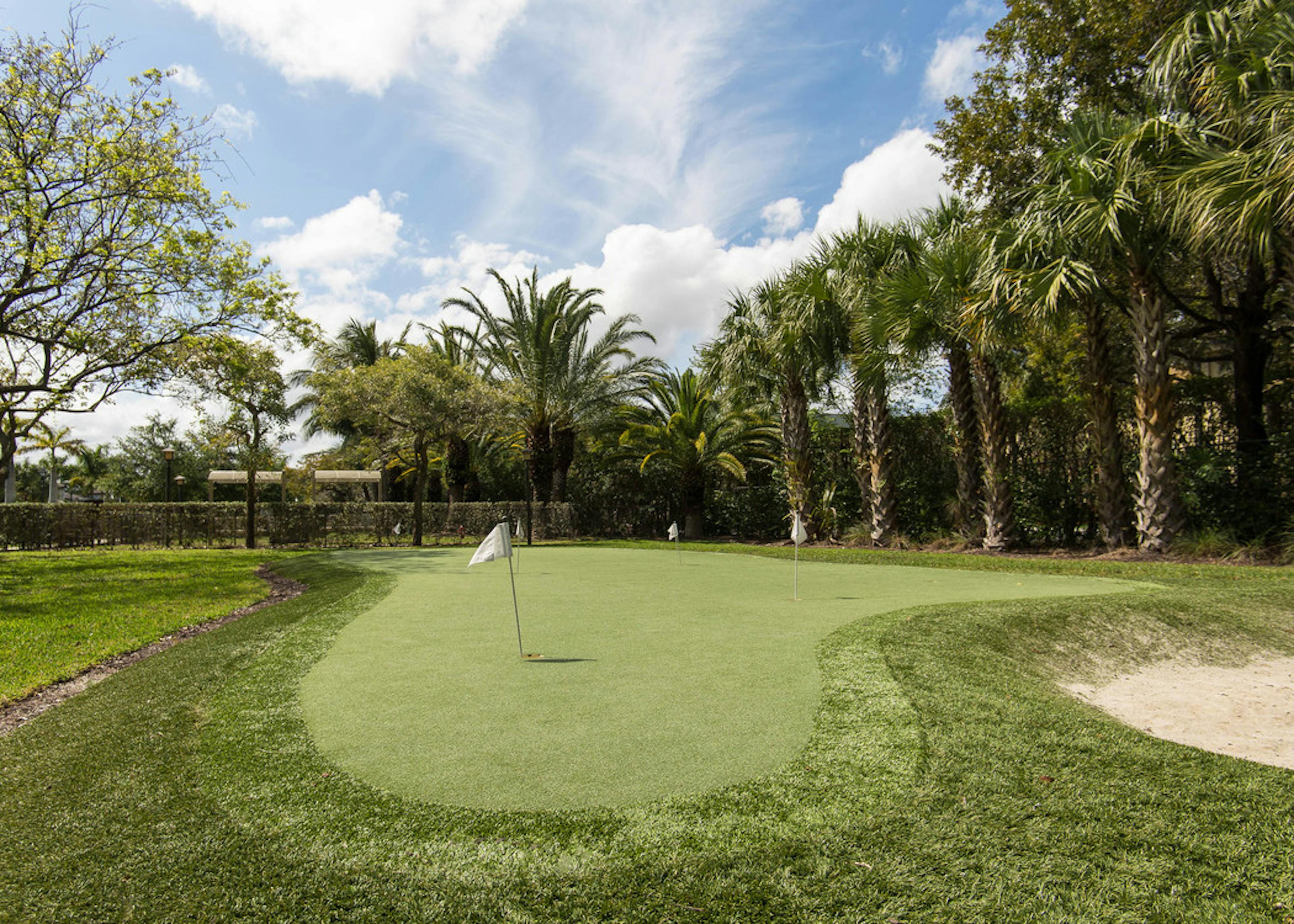 AMLI Toscana Place outdoor putting green lined with palm trees and replicated greens to putt 