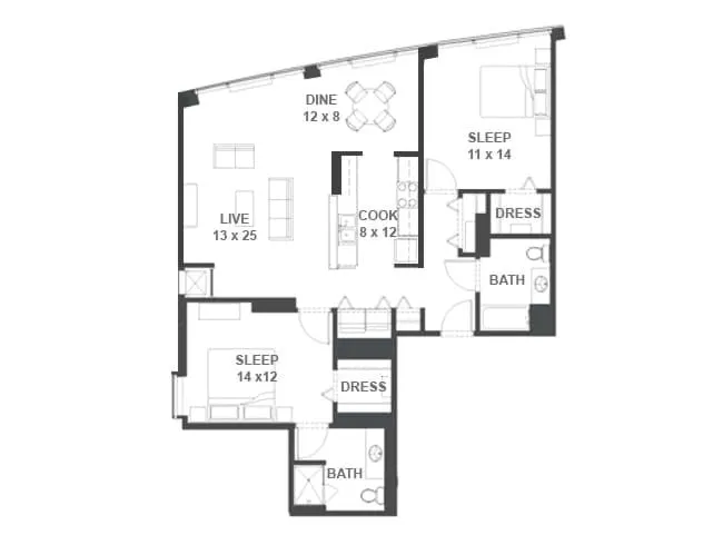 Funky -2bed floor plan, 2 Bedroom, 2 Bathroom at AMLI 900 apartments