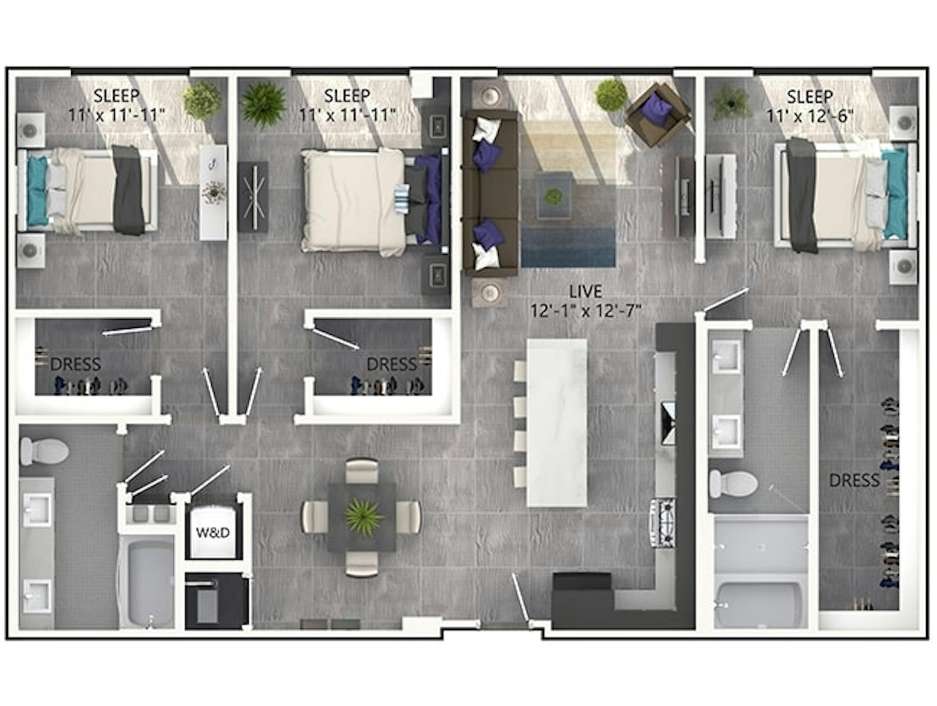 D5P floor plan, 3 Bedroom, 2 Bathroom, Penthouse at AMLI Midtown Miami apartments