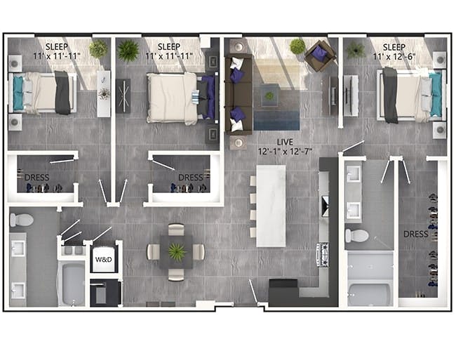 D5P floor plan, 3 Bedroom, 2 Bathroom, Penthouse at AMLI Midtown Miami apartments